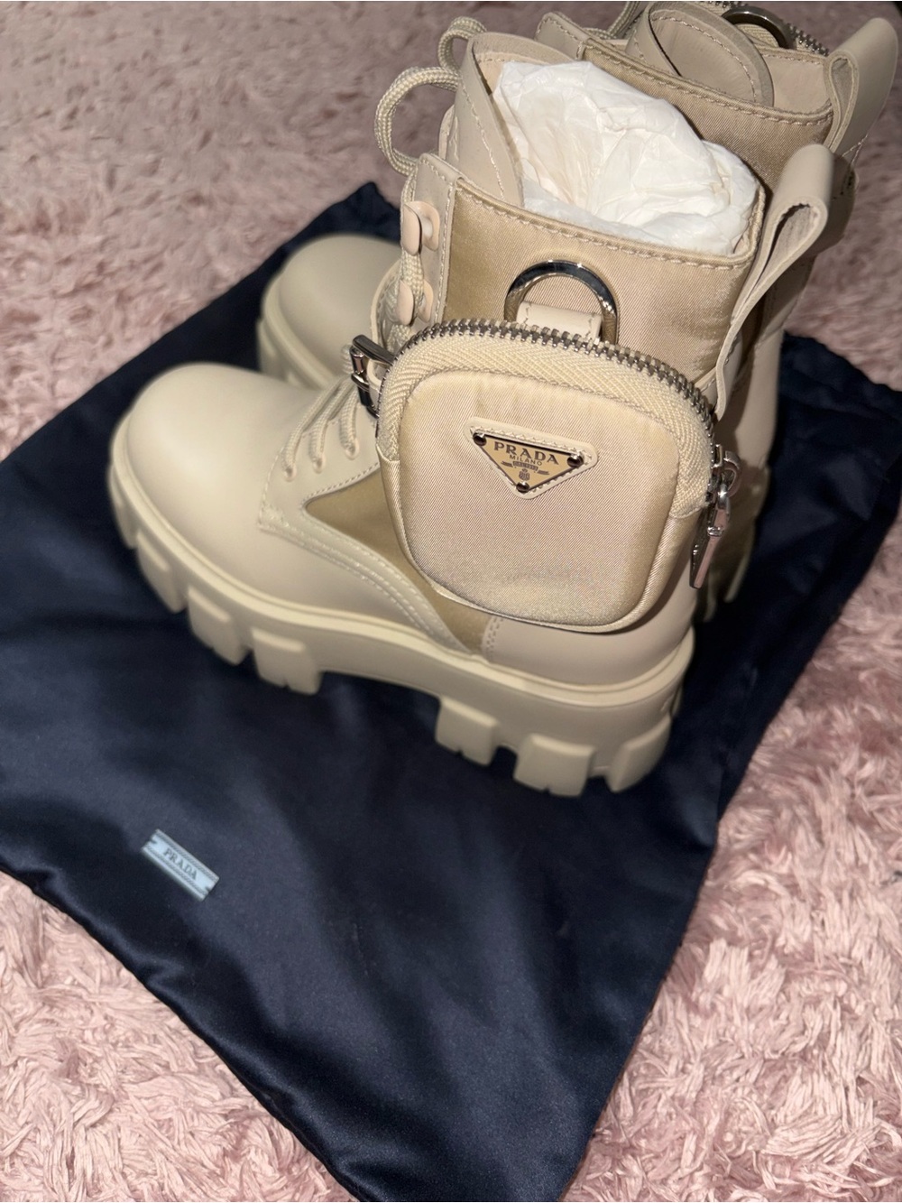 Prada Cream Beige Combat Boots with Detachable Mini Pouch